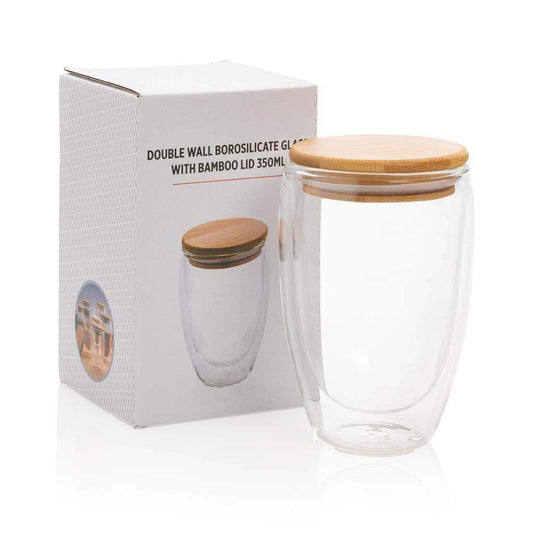 Double wall borosilicate glass with bamboo lid 350ml