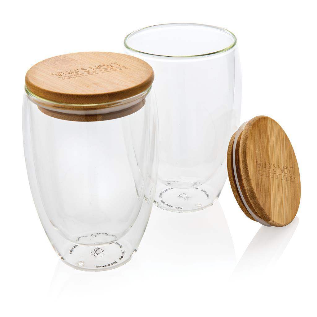Double wall borosilicate glasses with bamboo lid 350ml 2pc Set