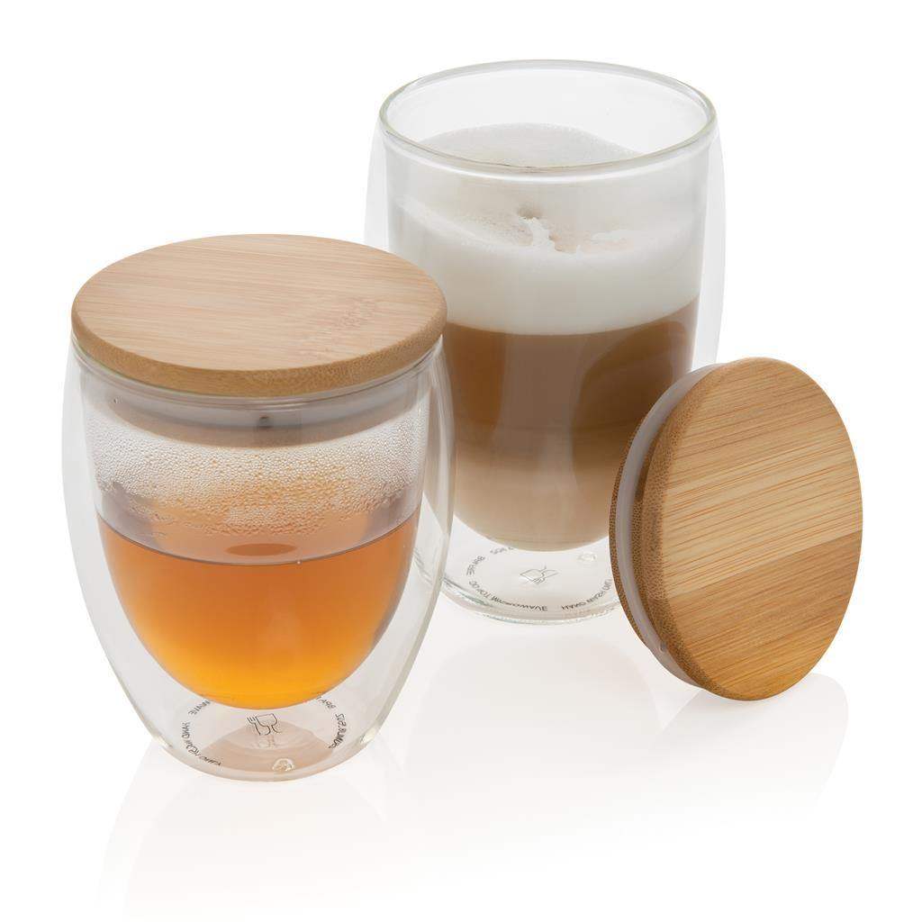 Double wall borosilicate glasses with bamboo lid 350ml 2pc Set